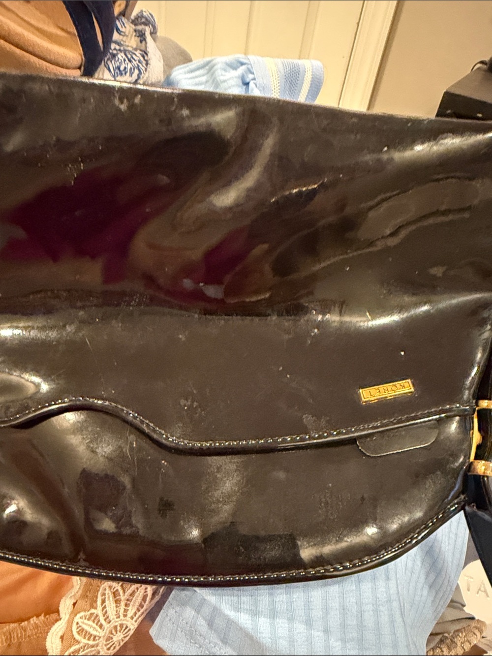 Vintage Koret Black Patent Leather Crossbody Bag with Gold Accent